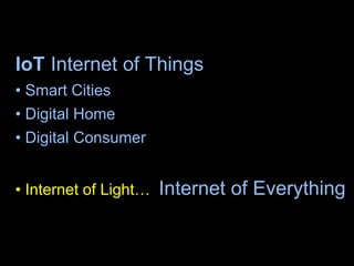 IoT Internet of Things
• Smart Cities
• Digital Home
• Digital Consumer
• Internet of Light… Internet of Everything
10
 