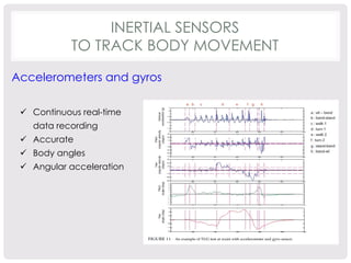 INERTIAL SENSORS 
TO TRACK BODY MOVEMENT 
Accelerometers and gyros 
ü Continuous real-time 
data recording 
ü Accurate 
ü Body angles 
ü Angular acceleration 
 