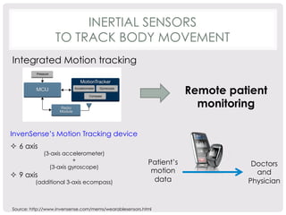 INERTIAL SENSORS 
TO TRACK BODY MOVEMENT 
Integrated Motion tracking 
Remote patient 
monitoring 
Patient’s 
motion 
data 
Doctors 
and 
Physician 
InvenSense’s Motion Tracking device 
² 6 axis 
(3-axis accelerometer) 
+ 
(3-axis gyroscope) 
² 9 axis 
(additional 3-axis ecompass) 
Source: http://www.invensense.com/mems/wearablesensors.html 
 