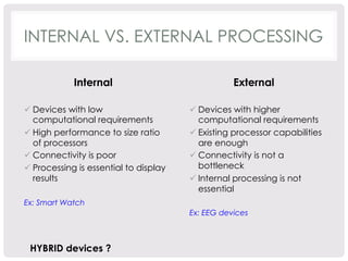 INTERNAL VS. EXTERNAL PROCESSING 
Internal 
ü Devices with low 
computational requirements 
ü High performance to size ratio 
of processors 
ü Connectivity is poor 
ü Processing is essential to display 
results 
Ex: Smart Watch 
External 
ü Devices with higher 
computational requirements 
ü Existing processor capabilities 
are enough 
ü Connectivity is not a 
bottleneck 
ü Internal processing is not 
essential 
Ex: EEG devices 
HYBRID devices ? 
 