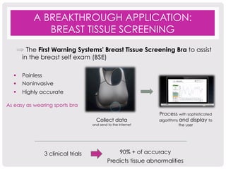 A BREAKTHROUGH APPLICATION: 
BREAST TISSUE SCREENING 
⇒ The First Warning Systems' Breast Tissue Screening Bra to assist 
in the breast self exam (BSE) 
§ Painless 
§ Noninvasive 
§ Highly accurate 
As easy as wearing sports bra 
Collect data 
and send to the Internet 
Process with sophisticated 
algorithms and display to 
3 clinical trials 90% + of accuracy 
the user 
Predicts tissue abnormalities 
 