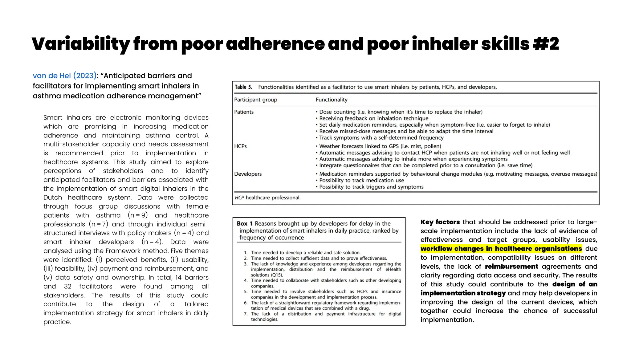Variability from poor adherence and poor inhaler skills #2
van de Hei (2023): “Anticipated barriers and
facilitators for implementing smart inhalers in
asthma medication adherence management”
Smart inhalers are electronic monitoring devices
which are promising in increasing medication
adherence and maintaining asthma control. A
multi-stakeholder capacity and needs assessment
is recommended prior to implementation in
healthcare systems. This study aimed to explore
perceptions of stakeholders and to identify
anticipated facilitators and barriers associated with
the implementation of smart digital inhalers in the
Dutch healthcare system. Data were collected
through focus group discussions with female
patients with asthma (n = 9) and healthcare
professionals (n = 7) and through individual semi-
structured interviews with policy makers (n = 4) and
smart inhaler developers (n = 4). Data were
analysed using the Framework method. Five themes
were identified: (i) perceived benefits, (ii) usability,
(iii) feasibility, (iv) payment and reimbursement, and
(v) data safety and ownership. In total, 14 barriers
and 32 facilitators were found among all
stakeholders. The results of this study could
contribute to the design of a tailored
implementation strategy for smart inhalers in daily
practice.
Key factors that should be addressed prior to large-
scale implementation include the lack of evidence of
effectiveness and target groups, usability issues,
workflow changes in healthcare organisations due
to implementation, compatibility issues on different
levels, the lack of reimbursement agreements and
clarity regarding data access and security. The results
of this study could contribute to the design of an
implementation strategy and may help developers in
improving the design of the current devices, which
together could increase the chance of successful
implementation.
 
