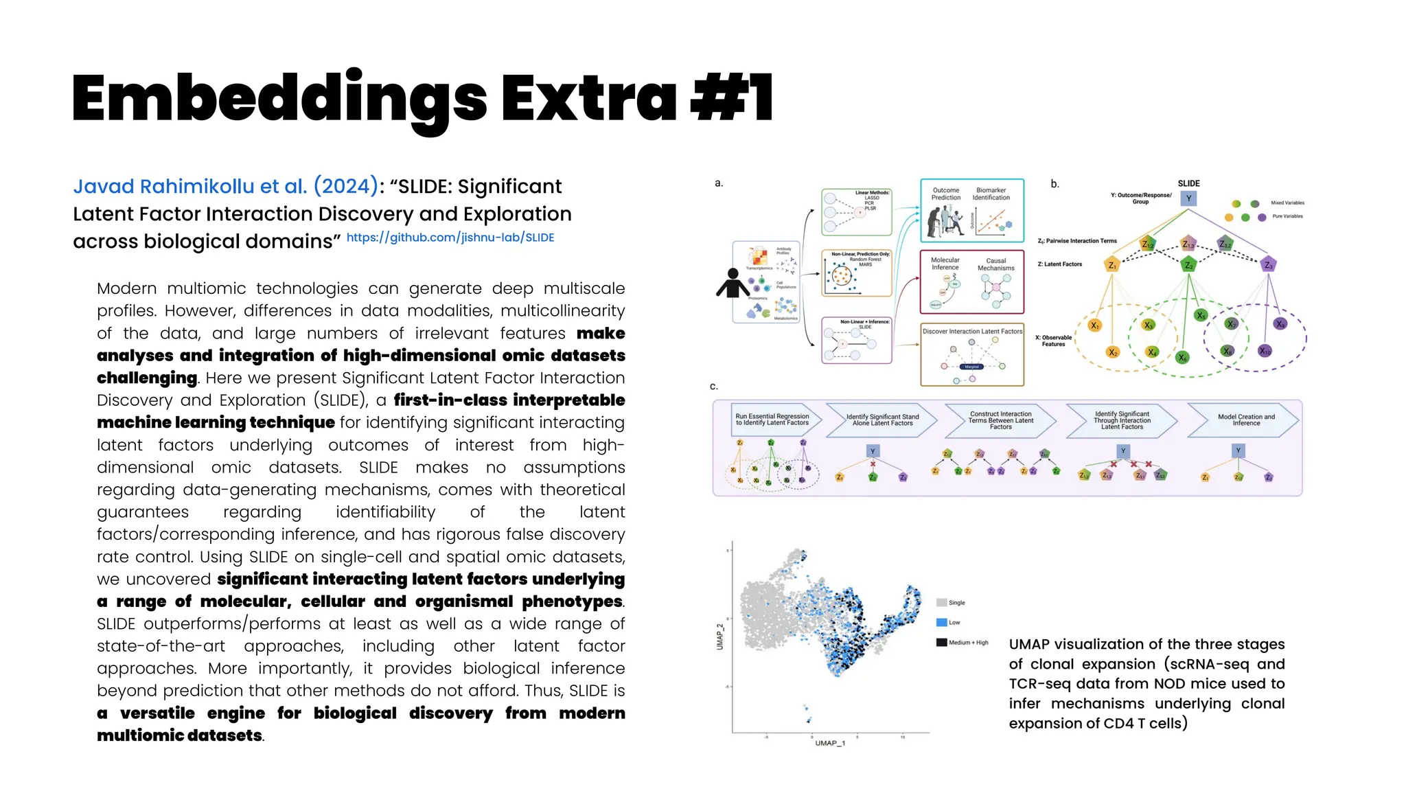 Embeddings Extra #1
Javad Rahimikollu et al. (2024): “SLIDE: Significant
Latent Factor Interaction Discovery and Exploration
across biological domains” https://github.com/jishnu-lab/SLIDE
Modern multiomic technologies can generate deep multiscale
profiles. However, differences in data modalities, multicollinearity
of the data, and large numbers of irrelevant features make
analyses and integration of high-dimensional omic datasets
challenging. Here we present Significant Latent Factor Interaction
Discovery and Exploration (SLIDE), a first-in-class interpretable
machine learning technique for identifying significant interacting
latent factors underlying outcomes of interest from high-
dimensional omic datasets. SLIDE makes no assumptions
regarding data-generating mechanisms, comes with theoretical
guarantees regarding identifiability of the latent
factors/corresponding inference, and has rigorous false discovery
rate control. Using SLIDE on single-cell and spatial omic datasets,
we uncovered significant interacting latent factors underlying
a range of molecular, cellular and organismal phenotypes.
SLIDE outperforms/performs at least as well as a wide range of
state-of-the-art approaches, including other latent factor
approaches. More importantly, it provides biological inference
beyond prediction that other methods do not afford. Thus, SLIDE is
a versatile engine for biological discovery from modern
multiomic datasets.
UMAP visualization of the three stages
of clonal expansion (scRNA-seq and
TCR-seq data from NOD mice used to
infer mechanisms underlying clonal
expansion of CD4 T cells)
 