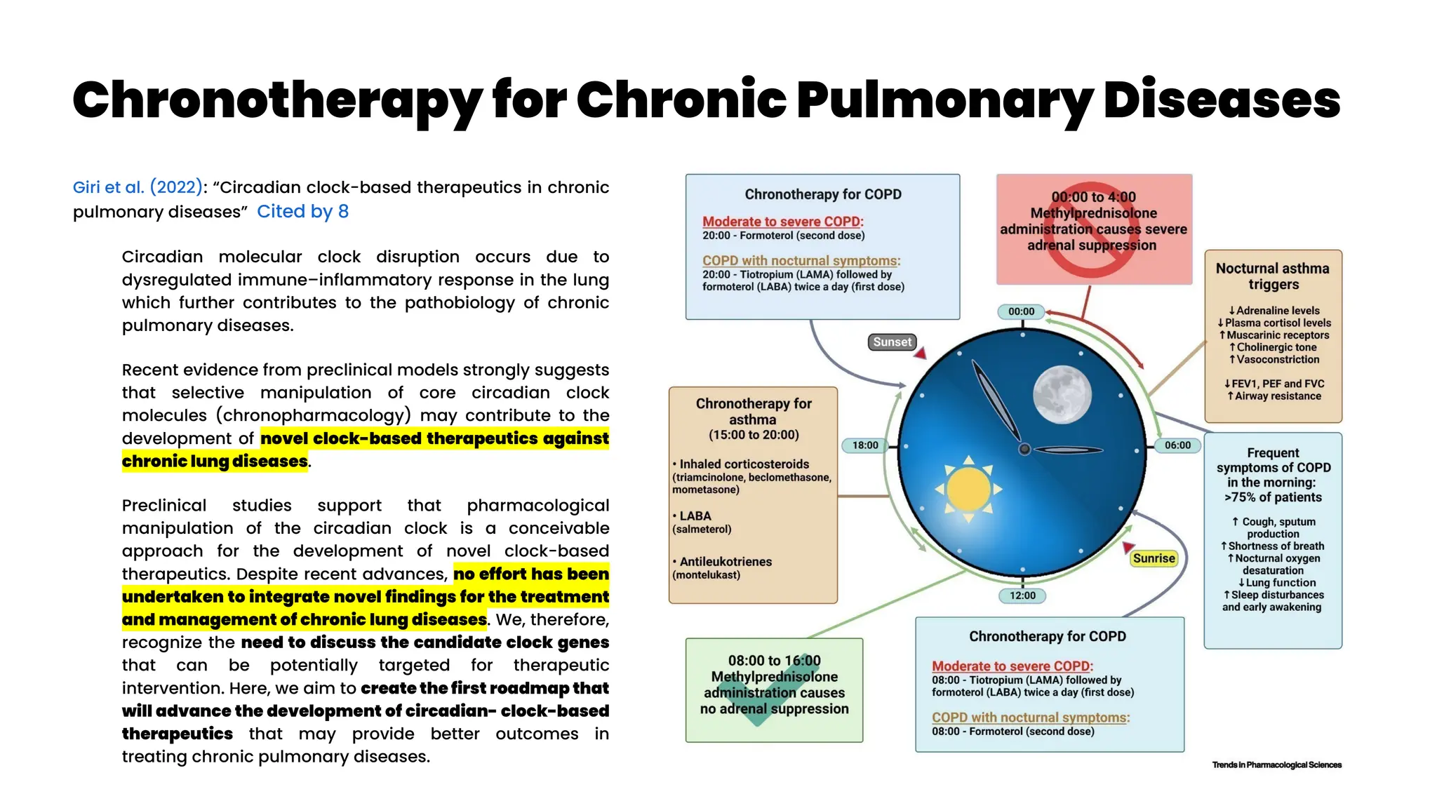 Chronotherapy for Chronic Pulmonary Diseases
Giri et al. (2022): “Circadian clock-based therapeutics in chronic
pulmonary diseases” Cited by 8
Circadian molecular clock disruption occurs due to
dysregulated immune–inflammatory response in the lung
which further contributes to the pathobiology of chronic
pulmonary diseases.
Recent evidence from preclinical models strongly suggests
that selective manipulation of core circadian clock
molecules (chronopharmacology) may contribute to the
development of novel clock-based therapeutics against
chronic lung diseases.
Preclinical studies support that pharmacological
manipulation of the circadian clock is a conceivable
approach for the development of novel clock-based
therapeutics. Despite recent advances, no effort has been
undertaken to integrate novel findings for the treatment
and management of chronic lung diseases. We, therefore,
recognize the need to discuss the candidate clock genes
that can be potentially targeted for therapeutic
intervention. Here, we aim to create the first roadmap that
will advance the development of circadian- clock-based
therapeutics that may provide better outcomes in
treating chronic pulmonary diseases.
 