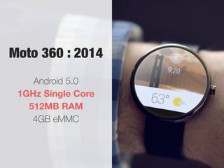 Moto 360 : 2014
1GHz Single Core
512MB RAM
4GB eMMC
Android 5.0
 