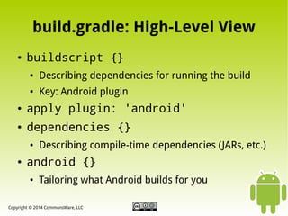 build.gradle: High-Level View
●

buildscript {}
●

Describing dependencies for running the build

●

Key: Android plugin

●

apply plugin: 'android'

●

dependencies {}
●

●

Describing compile-time dependencies (JARs, etc.)

android {}
●

Tailoring what Android builds for you

Copyright © 2014 CommonsWare, LLC

 