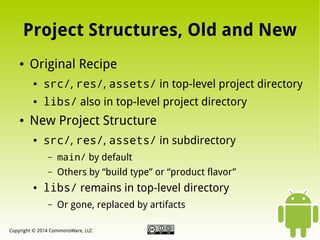 Project Structures, Old and New
●

Original Recipe
●

●

●

src/, res/, assets/ in top-level project directory
libs/ also in top-level project directory

New Project Structure
●

src/, res/, assets/ in subdirectory
–
–

●

main/ by default
Others by “build type” or “product flavor”

libs/ remains in top-level directory
–

Or gone, replaced by artifacts

Copyright © 2014 CommonsWare, LLC

 
