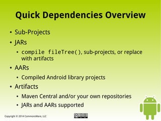 Quick Dependencies Overview
●

Sub-Projects

●

JARs
●

●

AARs
●

●

compile fileTree(), sub-projects, or replace
with artifacts
Compiled Android library projects

Artifacts
●

Maven Central and/or your own repositories

●

JARs and AARs supported

Copyright © 2014 CommonsWare, LLC

 