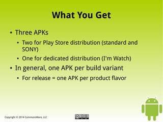What You Get
●

Three APKs
●

●

●

Two for Play Store distribution (standard and
SONY)
One for dedicated distribution (I'm Watch)

In general, one APK per build variant
●

For release = one APK per product flavor

Copyright © 2014 CommonsWare, LLC

 