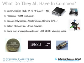 9 
What Do They All Have In Common? 
1) Communication (BLE, Wi-Fi, NFC, ANT+, 4G) 
1) Processor ( ARM, Intel Atom) 
1) Sensors ( Gyroscope, Accelerometer, Camera, GPS…) 
1) Battery ( Lithium Ion, Lithium Polymer) 
1) Some form of interaction with user, LCD, LEDS, Vibrating motor.. 
 