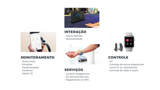 MONITORAMENTO
- Sinais Vitais
- Emoções
- Geolocalização
- Geofence
- Health ID
SERVIÇOS
- Location Suggestions
- On demand services
- Pagamentos via NFC
CONTROLE
- IoT
- Controle de outros dispositivos
como TV ou smartphone.
- Controle de vídeo e áudio
INTERAÇÃO
- Novos Padrões
- Acessibilidade
 