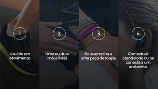 Usuário em
Movimento
Uma ou duas
mãos livres
Se assemelha a
uma peça de roupa
Contextual:
Standalone ou se
conecta a um
ambiente.
1 2 3 4
 