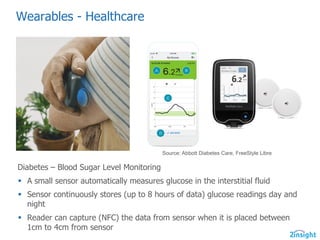 Wearables  -­ Healthcare
Diabetes  – Blood  Sugar  Level  Monitoring
§ A  small  sensor  automatically  measures  glucose  in  the interstitial  fluid
§ Sensor  continuously  stores  (up  to  8  hours  of  data)  glucose  readings  day  and  
night
§ Reader  can  capture  (NFC)  the  data  from  sensor  when  it  is  placed  between  
1cm  to  4cm  from  sensor
Source:  Abbott  Diabetes  Care,  FreeStyle  Libre
 
