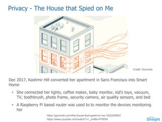 Privacy  -­ The  House  that  Spied  on  Me
Dec  2017,  Kashmir  Hill  converted  her  apartment  in  Sans  Francisco  into  Smart  
Home
§ She  connected  her  lights,  coffee  maker,  baby  monitor,  kid’s  toys,  vacuum,  
TV,  toothbrush,  photo  frame,  security  camera,  air  quality  sensors,  and  bed
§ A  Raspberry  Pi  based  router  was  used  to  to  monitor  the  devices  monitoring  
her
https://gizmodo.com/the-­house-­that-­spied-­on-­me-­1822429852
https://www.youtube.com/watch?v=_JmMu-­FPW54  
Credit:  Gizmodo
 