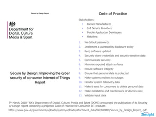 7th March,  2018  -­ UK’s  Department  of  Digital,  Culture,  Media  and  Sport  (DCMS)  announced  the  publication  of  its  Security  
by  Design  report  containing  a  proposed  Code  of  Practice  for  Consumer  IoT  products
https://www.gov.uk/government/uploads/system/uploads/attachment_data/file/686089/Secure_by_Design_Report_.pdf
Code  of  Practice
Stakeholders:
§ Device  Manufacturer
§ IoT  Service  Providers
§ Mobile  Application  Developers
§ Retailers:  
1. No  default  passwords
2. Implement  a  vulnerability  disclosure  policy
3. Keep  software  updated
4. Securely  store  credentials  and  security-­sensitive  data
5. Communicate  securely
6. Minimise  exposed  attack  surfaces
7. Ensure  software  integrity
8. Ensure  that  personal  data  is  protected
9. Make  systems  resilient  to  outages
10. Monitor  system  telemetry  data
11. Make  it  easy  for  consumers  to  delete  personal  data
12. Make  installation  and  maintenance  of  devices  easy
13. Validate  input  data
 