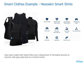 Smart  Clothes  Example  -­ Hexoskin  Smart  Shirts
Have  been  trialed  with  Dubai  Police  and  a  Department  of  Homeland  Security  to  
transmit  vital  signs  data  back  to  a  Control  Centre
 