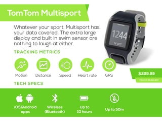 TECH SPECS
Whatever your sport, Multisport has
your data covered. The extra large
display and built in swim sensor are
not...