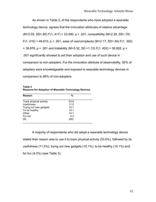 Wearable	
  Technology-­‐	
  Schmitz	
  Weiss	
  
	
   12	
  
As shown in Table 2, of the respondents who have adopted a wearable
technology device, agreed that the innovation attributes of relative advantage
(M=2.55, SD=.85) F(1, 417) = 23.480, p = .001, compatibility (M=2.29, SD=.79)
F(1, 416) = 46.610, p = .001, ease of use/complexity (M=2.17, SD=.59) F(1, 392)
= 38.878, p = .001 and trialability (M=3.32, SD =1.12) F(1, 402) = 38,928, p =
.001 significantly showed to aid their adoption and use of such device in
comparison to non-adopters. For the innovation attribute of observability, 92% of
adopters were knowledgeable and exposed to wearable technology devices in
comparison to 86% of non-adopters.
	
  
Table 3
Reasons for Adoption of Wearable Technology Devices
________________________________________________
Reason %
_________________________________________________
Track physical activity 53.6
Usefulness 11.5
Trying out new gadgets 10.1
To be healthy 10.1
Other 10.1
For fun 4.3
(N) (69)
_________________________________________________
A majority of respondents who did adopt a wearable technology device
stated their reason was to use it to track physical activity (53.6%), followed by its
usefulness (11.5%), trying out new gadgets (10.1%), to be healthy (10.1%) and
for fun (4.3%) (see Table 3).
 