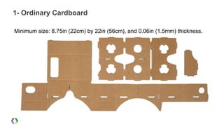 Minimum size: 8.75in (22cm) by 22in (56cm), and 0.06in (1.5mm) thickness.
1- Ordinary Cardboard
 