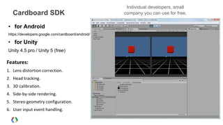 Cardboard SDK
• for Android
https://developers.google.com/cardboard/android/
• for Unity
Unity 4.5 pro / Unity 5 (free)
Individual developers, small
company you can use for free.
Features:
1. Lens distortion correction.
2. Head tracking.
3. 3D calibration.
4. Side-by-side rendering.
5. Stereo geometry configuration.
6. User input event handling.
 