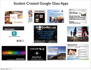 Student Created Google Glass Apps
#eyeCatch
A Google Glass word recognition app that gives
you two sets of eyes by reading and registering
specified words to assist the busy, the lazy, and/or
the unfortunately oblivious.

Saturday, March 1, 14

 