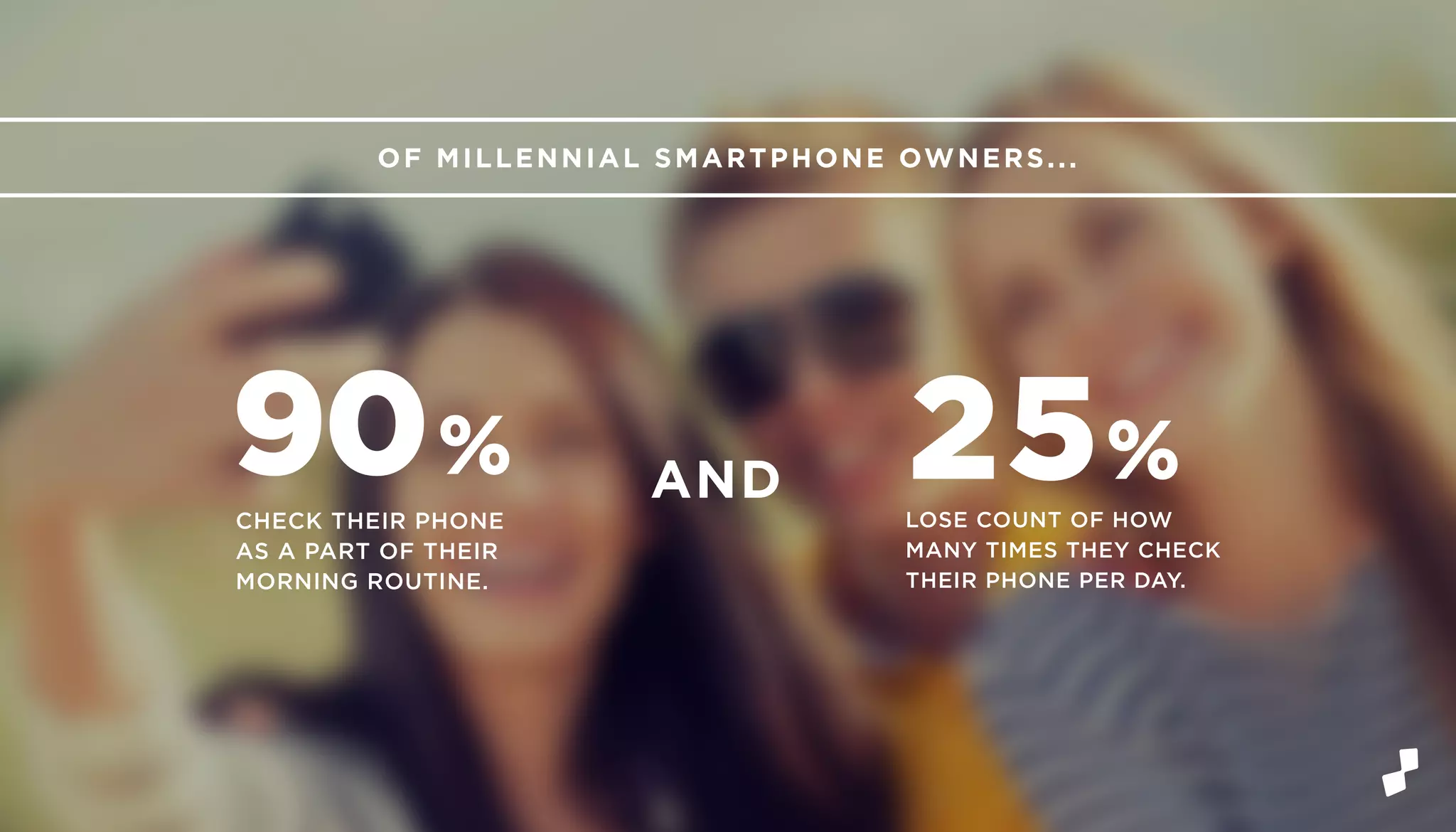 90%
CHECK THEIR PHONE
AS A PART OF THEIR
MORNING ROUTINE.
LOSE COUNT OF HOW
MANY TIMES THEY CHECK
THEIR PHONE PER DAY.
OF MILLENNIAL SMARTPHONE OWNERS...
AND 25%
 