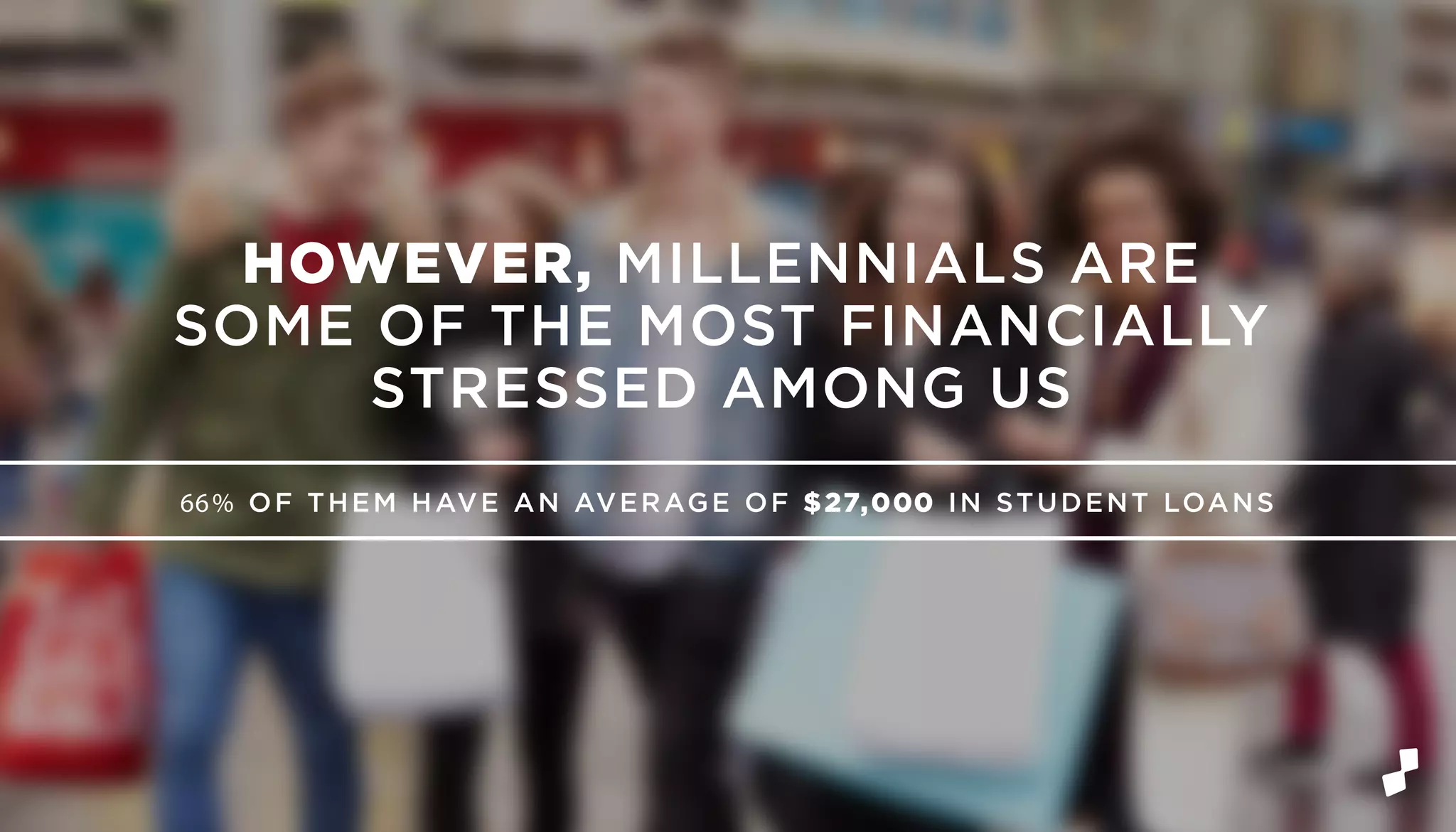 66% OF THEM HAVE AN AVERAGE OF $27,000 IN STUDENT LOANS
HOWEVER, MILLENNIALS ARE
SOME OF THE MOST FINANCIALLY
STRESSED AMONG US
 