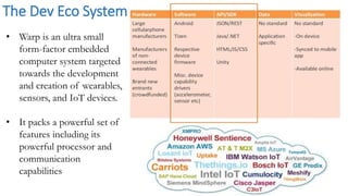 The Dev Eco System
• Warp is an ultra small
form-factor embedded
computer system targeted
towards the development
and creation of wearables,
sensors, and IoT devices.
• It packs a powerful set of
features including its
powerful processor and
communication
capabilities
 