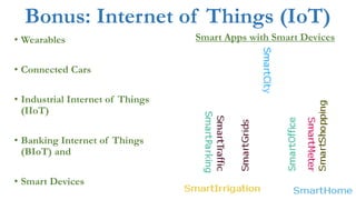 Bonus: Internet of Things (IoT)
• Wearables
• Connected Cars
• Industrial Internet of Things
(IIoT)
• Banking Internet of Things
(BIoT) and
• Smart Devices
Smart Apps with Smart Devices
 