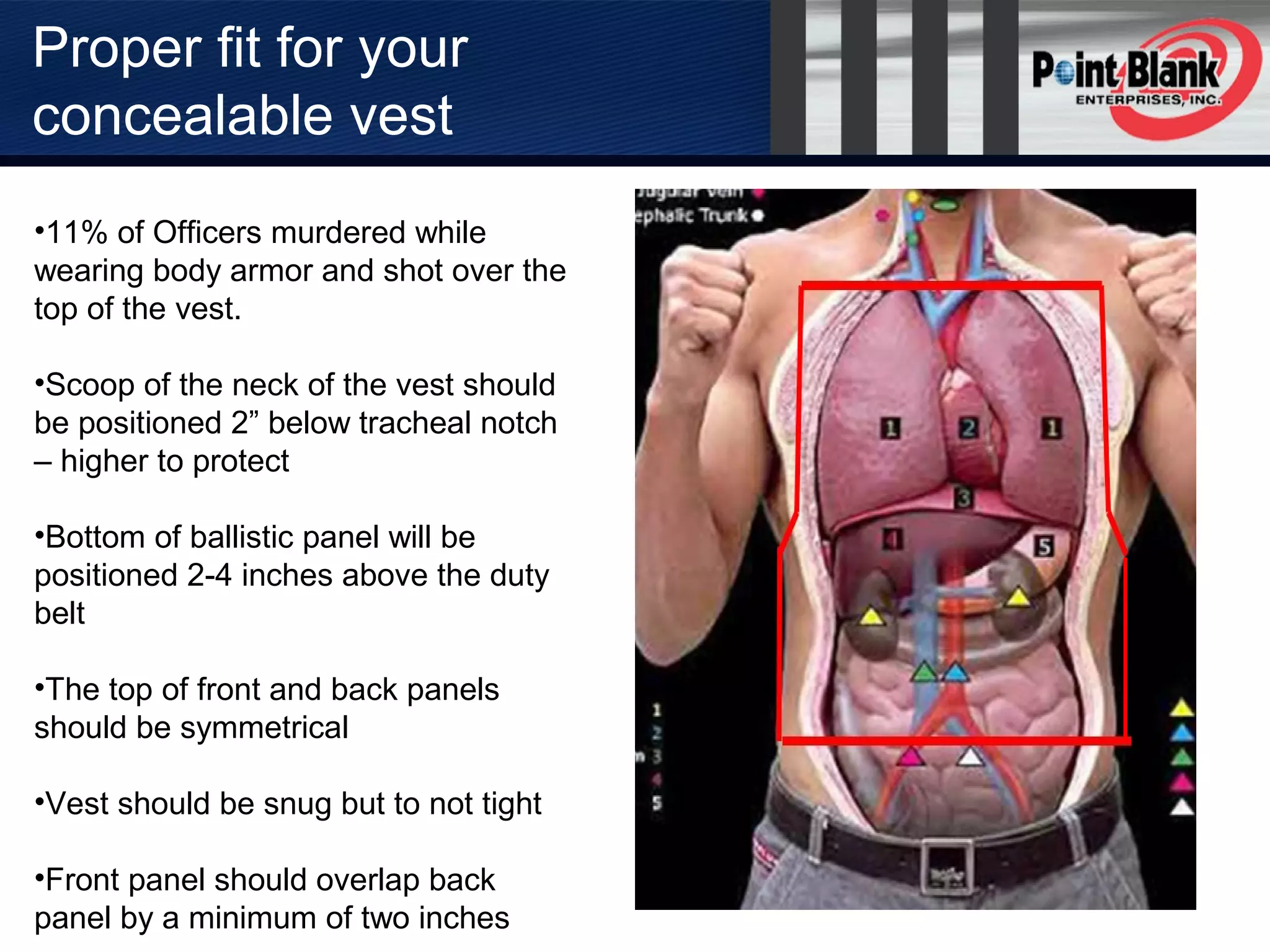 Proper fit for your
concealable vest
•11% of Officers murdered while
wearing body armor and shot over the
top of the vest.
•Scoop of the neck of the vest should
be positioned 2” below tracheal notch
– higher to protect
•Bottom of ballistic panel will be
positioned 2-4 inches above the duty
belt
•The top of front and back panels
should be symmetrical
•Vest should be snug but to not tight
•Front panel should overlap back
panel by a minimum of two inches
 