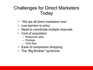Challenges for Direct Marketers Today “ We are all direct marketers now” Low barriers to entry Need to coordinate multiple channels  Cost of acquisition Response rates Postage Click fees Ease of comparison shopping The “Big Brother” syndrome 