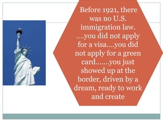 Before 1921, there was no U.S. immigration law. ….you did not apply for a visa….you did not apply for a green card…….you j...
