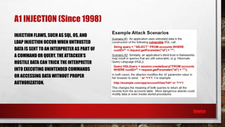 A1 INJECTION (Since 1998)
INJECTION FLAWS, SUCH AS SQL, OS, AND
LDAP INJECTION OCCUR WHEN UNTRUSTED
DATA IS SENT TO AN INTERPRETER AS PART OF
A COMMAND OR QUERY. THE ATTACKER’S
HOSTILE DATA CAN TRICK THE INTERPRETER
INTO EXECUTING UNINTENDED COMMANDS
OR ACCESSING DATA WITHOUT PROPER
AUTHORIZATION.
Source
 
