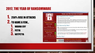 2017, THE YEAR OF RANSOMWARE
1. 250% RISE IN ATTACKS
2. TO NAME A FEW…
1. WANNA CRY
2. PETYA
3. NOTPETYA
 