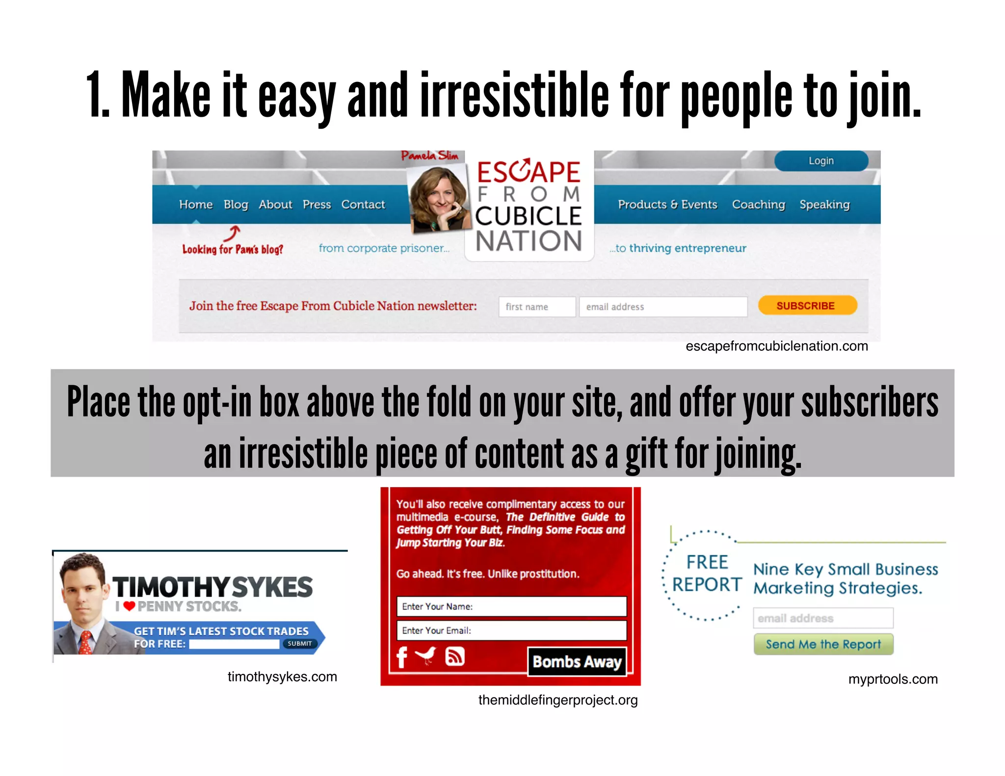 1. Make it easy and irresistible for people to join.


                                                                escapefromcubiclenation.com!



Place the opt-in box above the fold on your site, and offer your subscribers
            an irresistible piece of content as a gift for joining.




              timothysykes.com!                                                         myprtools.com!
                                   themiddleﬁngerproject.org!
 