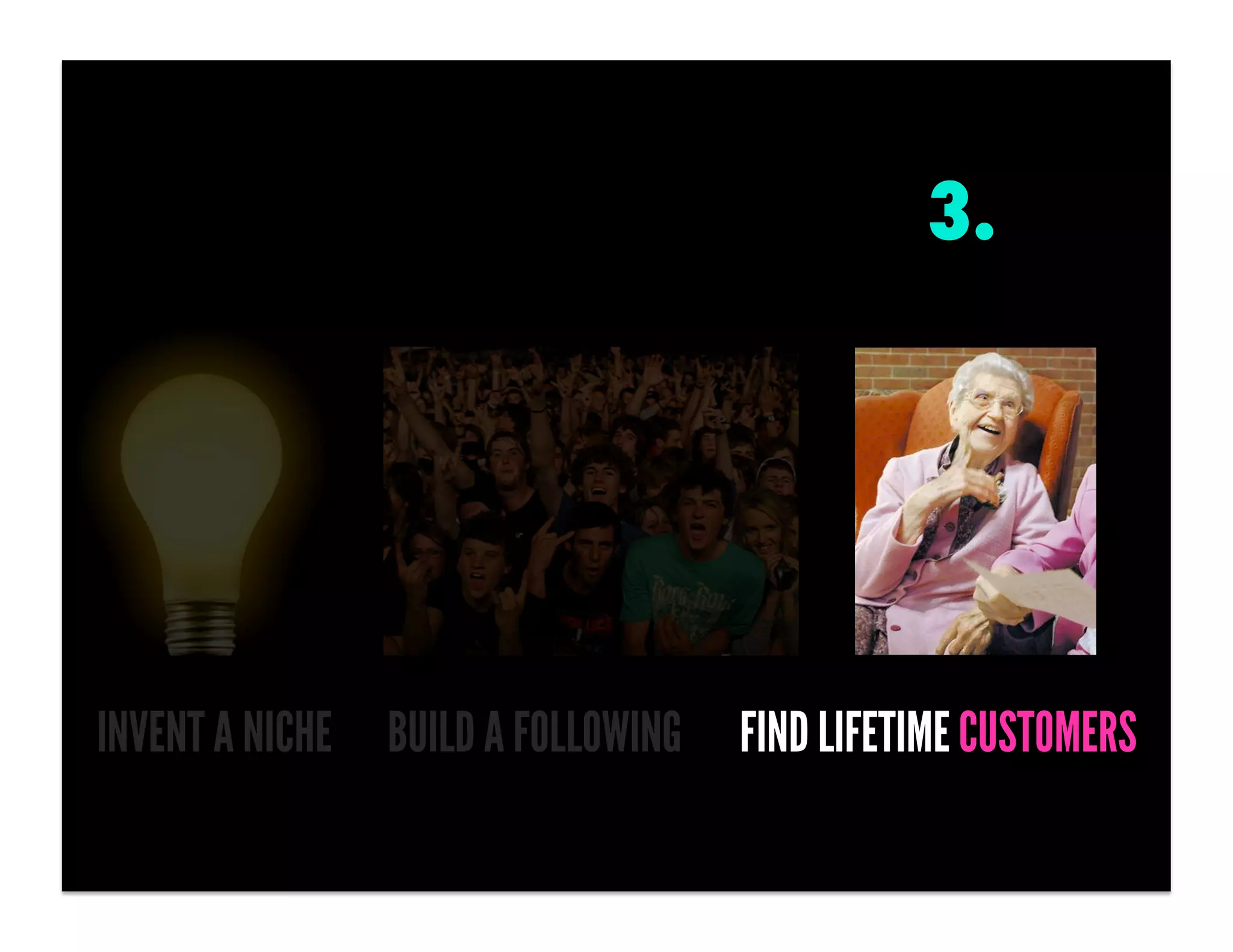 3.




INVENT A NICHE BUILD A FOLLOWING   FIND LIFETIME CUSTOMERS
 