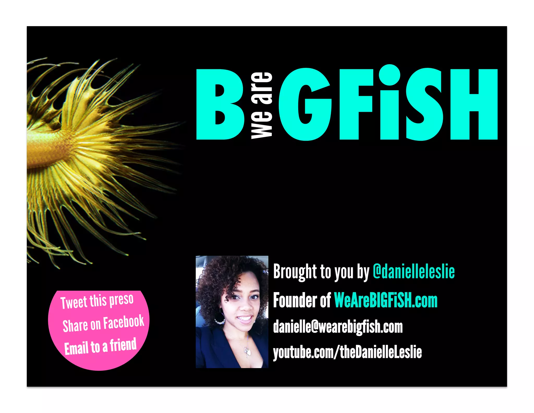 B GFiSH
                      we are
                          Brought to you by @danielleleslie
Tweet this preso          Founder of WeAreBIGFiSH.com
Share on Facebook         danielle@wearebigfish.com
 Email to a friend        youtube.com/theDanielleLeslie
 