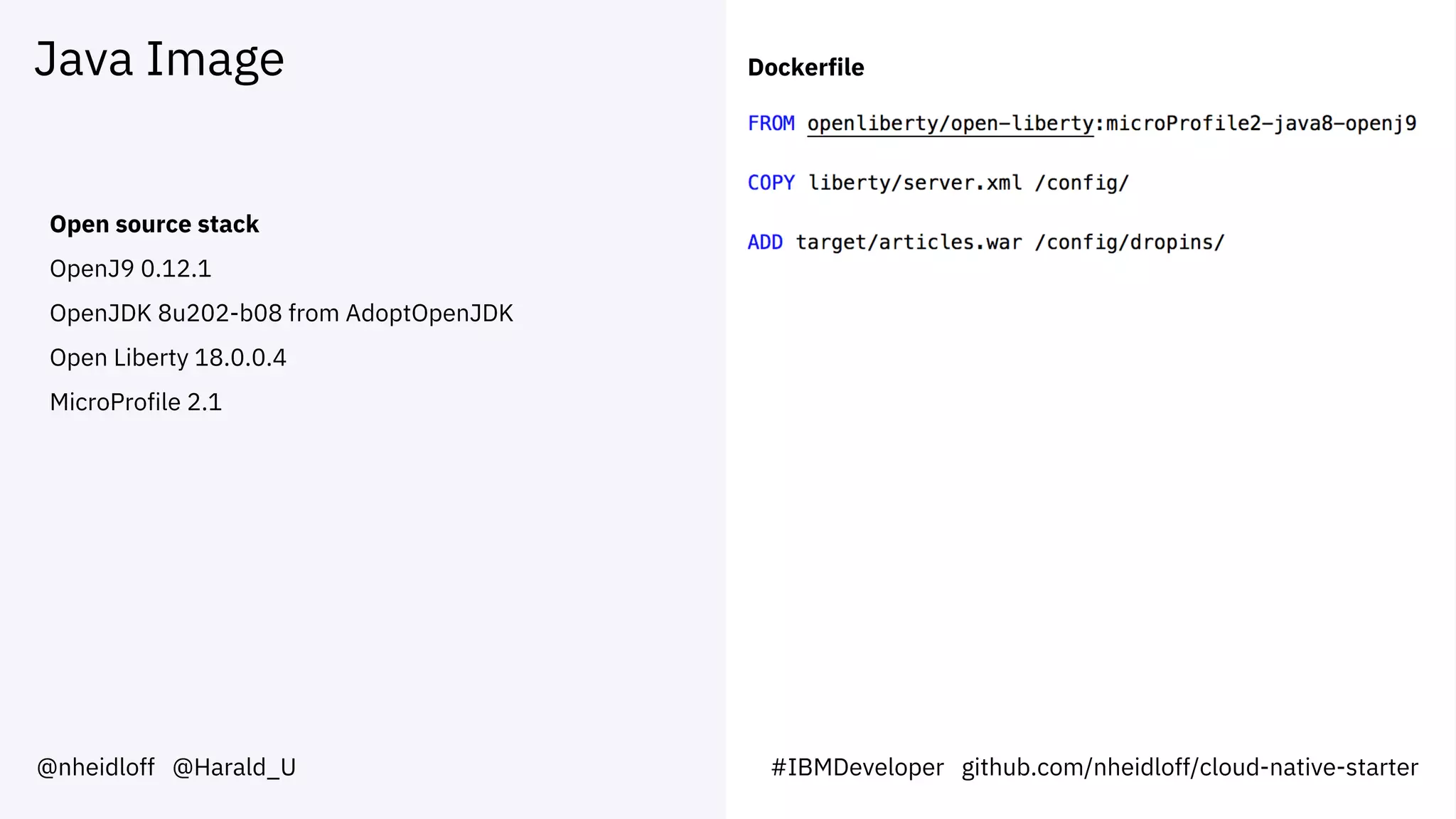 Java Image
@nheidloff @Harald_U
Open source stack
OpenJ9 0.12.1
OpenJDK 8u202-b08 from AdoptOpenJDK
Open Liberty 18.0.0.4
MicroProfile 2.1
Dockerfile
#IBMDeveloper github.com/nheidloff/cloud-native-starter
 