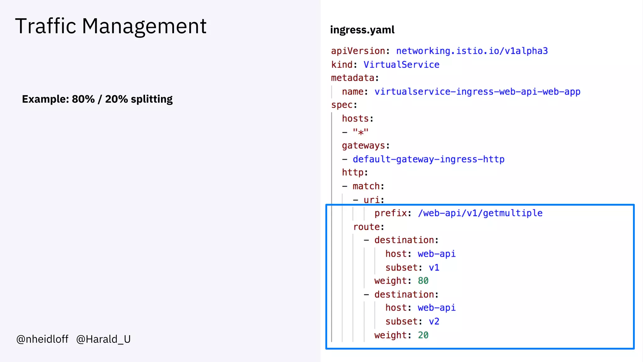 Traffic Management
@nheidloff @Harald_U
Example: 80% / 20% splitting
ingress.yaml
 