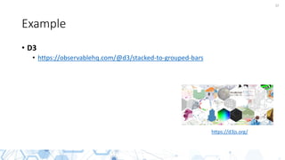 32
Example
• D3
• https://observablehq.com/@d3/stacked-to-grouped-bars
https://d3js.org/
 