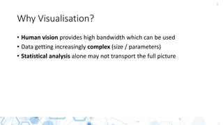 5
Why Visualisation?
• Human vision provides high bandwidth which can be used
• Data getting increasingly complex (size / parameters)
• Statistical analysis alone may not transport the full picture
 
