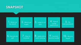 SNAPSHOT

1. Where do
we stand?

6. How do you
sell?

2.

What is an
Insight

7. Ways to
monetize

3.

Insight to an
Idea

8. Applications
worth Noticing

4.

Type of
mobile
applications

9. Gaming –

Business Models

5. The

commandments

10.

What to
track?

 