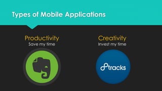 Types of Mobile Applications
Productivity
Save my time

Creativity

Invest my time

 