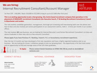 We are hiring:
Internal Recruitment Consultant/Account Manager
 1st Year OTE - £40,000 / Basic £18,000 to £22,000 (rising to up to £27,000 after first year)
 This is an exciting opportunity to join a fast growing, City Centre based recruitment company that specialises in the
 placement of GRADUATE recruitment Consultants into Executive Search, IT & Banking Recruitment Consultancy's based
 in Manchester and London.
 The role involves candidate generation, management, thorough pre-screening and interviewing both over the phone and
 face-to-face and also involves pro-active participation in our assessment centres, held 2 - 3 times per month in our London
 offices.
 The role involves NO new business, we are looking for Internal Recruiter's and former Recruitment Consultant's to help and
 advise Graduates in their new role as a Recruitment Consultant.
 Please apply if you have Previous IT / Banking / Search / F.S. or Accountancy recruitment experience.
 Over the last 12 months we have developed a first rate reputation and have a highly regarded Academy side to our
 business. We are looking for driven / ambitious people to join our growing team - the opportunity is for fast-track career
 and an opportunity to find and manage some of the UK's best graduates.
                       To Apply:     Please contact Daniel Gostelow on 07854 456 246 by email on daniel@red-
                                     ventures.com
 