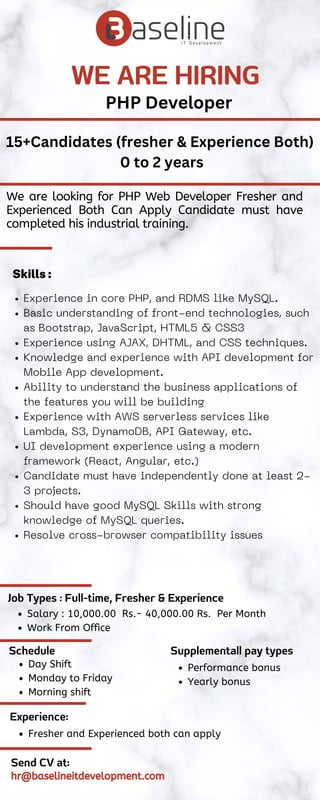 We are looking for PHP Web Developer Fresher and
Experienced Both Can Apply Candidate must have
completed his industrial training.
Experience in core PHP, and RDMS like MySQL.
Basic understanding of front-end technologies, such
as Bootstrap, JavaScript, HTML5 & CSS3
Experience using AJAX, DHTML, and CSS techniques.
Knowledge and experience with API development for
Mobile App development.
Ability to understand the business applications of
the features you will be building
Experience with AWS serverless services like
Lambda, S3, DynamoDB, API Gateway, etc.
UI development experience using a modern
framework (React, Angular, etc.)
Candidate must have independently done at least 2-
3 projects.
Should have good MySQL Skills with strong
knowledge of MySQL queries.
Resolve cross-browser compatibility issues
WE ARE HIRING
PHP Developer
15+Candidates (fresher & Experience Both)
0 to 2 years
Skills :
Job Types : Full-time, Fresher & Experience
Schedule
Day Shift
Monday to Friday
Morning shift
Salary : 10,000.00 Rs.- 40,000.00 Rs. Per Month
Work From Office
Supplementall pay types
Performance bonus
Yearly bonus
Experience:
Fresher and Experienced both can apply
Send CV at:
hr@baselineitdevelopment.com
 