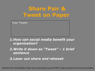 Share Pair & Tweet on Paper  How can social media benefit your organization? Write it down as “Tweet” – 1 brief sentence Laser out share and retweet Your Tweet: 