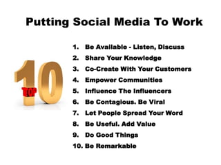 Putting Social Media To Work<br />  Be Available - Listen, Discuss<br />  Share Your Knowledge<br />  Co-Create With Your ...