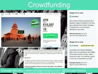 Crowdfunding
Oonagh Murphy | www.oonaghmurphy.com | @OonaghTweets
 