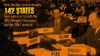 Over the past several decades,
142 states
have signed on to both the
1951 Refugee Convention
and the 1967 protocol.
 