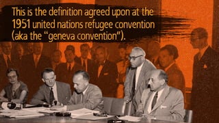 1951 united nations refugee convention
(aka the “geneva convention”).
This is the definition agreed upon at the
 